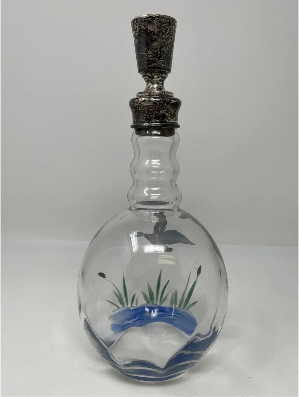 Vintage Hand Painted Mallard Duck Glass Decanter with Decorative Stopper